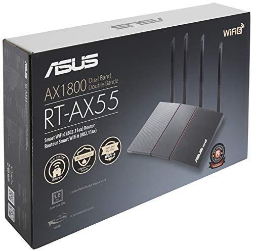 ASUS RT-AX55 (AX1800) Dual Band WiFi 6 Extendable Router, Subscription-Free Network Security, Instant Guard, Parental Controls, Built-in VPN, AiMesh Compatible, Gaming & Streaming, Smart Home