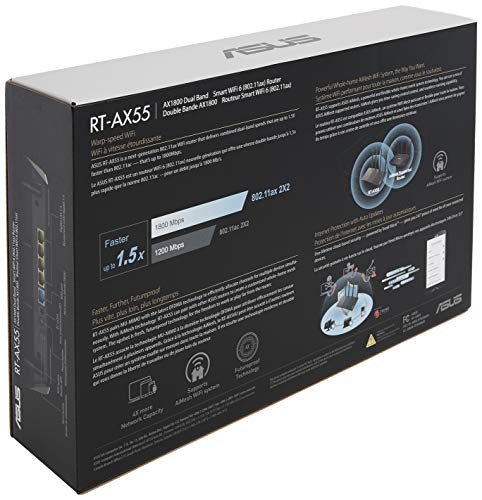 ASUS RT-AX55 (AX1800) Dual Band WiFi 6 Extendable Router, Subscription-Free Network Security, Instant Guard, Parental Controls, Built-in VPN, AiMesh Compatible, Gaming & Streaming, Smart Home